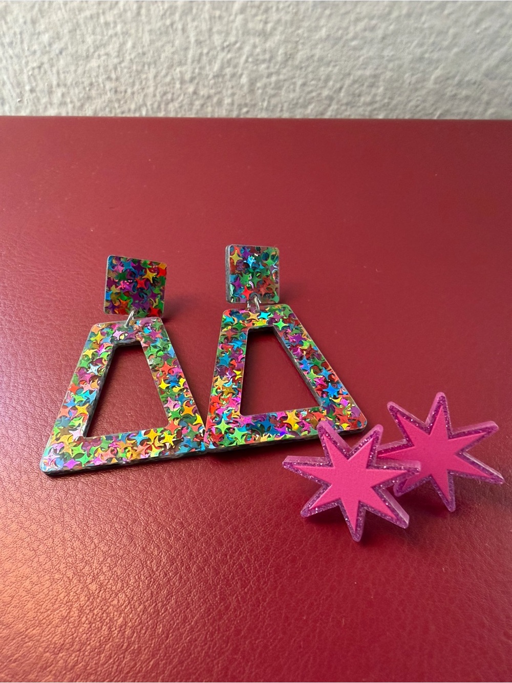 Lot of 2 1980s Glam Earring Sets: Pink Starbursts and Glitter Confetti